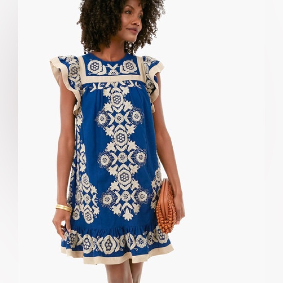 Sea NY Manuela Flutter Sleeve tunic dress S Blue Embroidered Linen New no tags - Picture 8 of 8